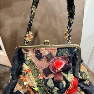 Vintage Floral Embellished Women's Handbag - Black & Multicolor
